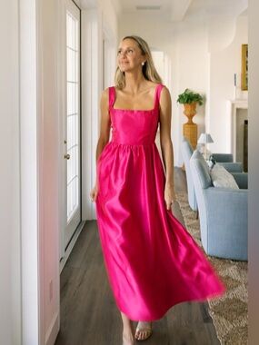 TUCKERNUCK Dupioni Esme Dress in Hot Pink : Square-Neck Midi Dress $228